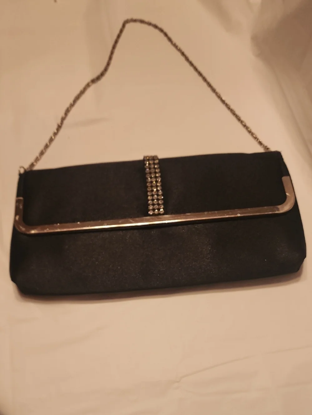 Vintage Black Satin Clutch with Rhinestone Trim